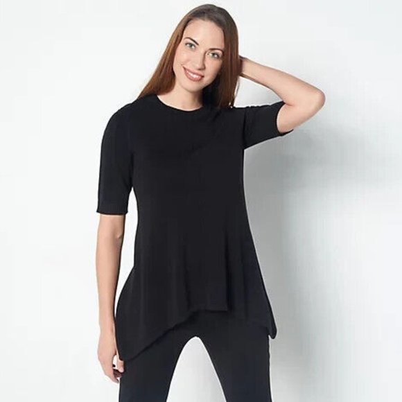 Isaac Mizrahi Live! Crewneck Cascade Hem Pullover Sweater Black Women's Medium - Picture 2 of 6